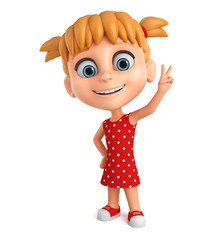 3d render illustration. cartoon character little girl showing the peace of the world on a white back