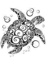 Stylized Sea Turtle In Black On A White Background, Vector Illustration,
