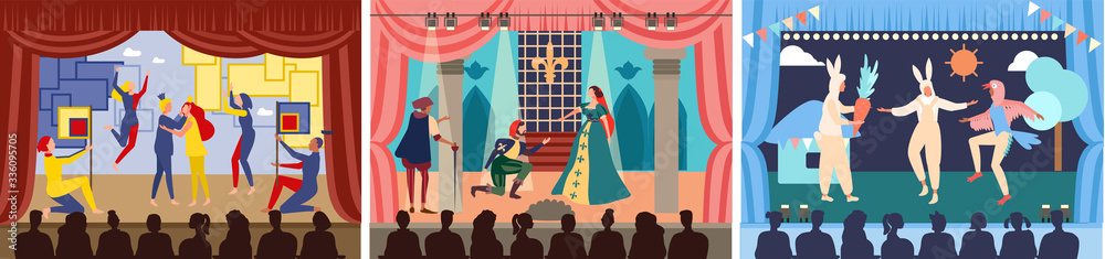 Actors on theater stage vector illustration. Cartoon flat character play act or scene of drama show in theatre interior, acting people in opera performance, audience watching theatrical premiere set - obrazy, fototapety, plakaty 