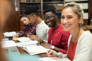 Multiethnic university students studying in library