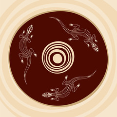 Wall Mural - Three lizards crawling around the sun. Aboriginal style. Linear style. Brown, beige colors. Vector abstract colorful illustration.