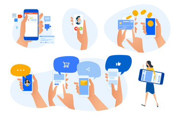 Fototapete - Flat design concept icons collection. Vector illustrations of smartphone apps, solutions and services. Icons for graphic and web designs, marketing material and business presentations. 