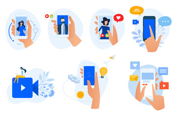 Fototapete - Flat design icons collection. Vector illustrations of social media and networking, digital communication, mobile apps. Icons for graphic and web designs, marketing material and business presentation.