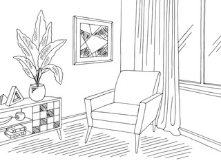 Living room graphic black white home interior sketch illustration vector