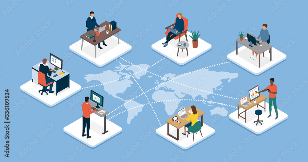 International business team connecting online together and teleworking - obrazy, fototapety, plakaty 