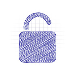 Poster - unlock icon. Hand drawn sketched picture with scribble fill. Blue ink. Doodle on white background
