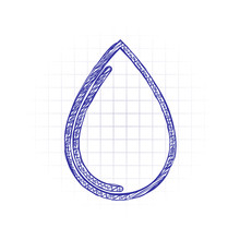 Water Drop Icon. Hand Drawn Sketched Picture With Scribble Fill. Blue Ink. Doodle On White Background
