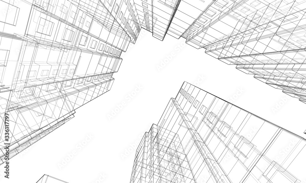 Vector wire-frame model of a multi-storey building - obrazy, fototapety, plakaty 