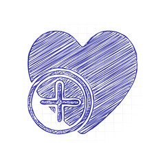 Poster - heart and plus. simple silhouette. Hand drawn sketched picture with scribble fill. Blue ink. Doodle on white background