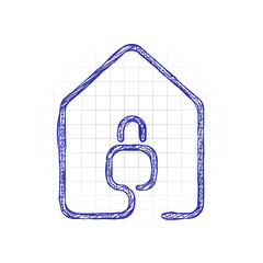 Poster - house with lock icon. line style. Hand drawn sketched picture with scribble fill. Blue ink. Doodle on white background