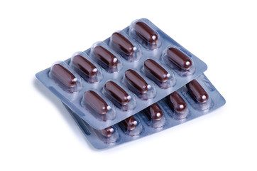 Sticker - blister brown pills capsules medicine pharmacy on white background isolation