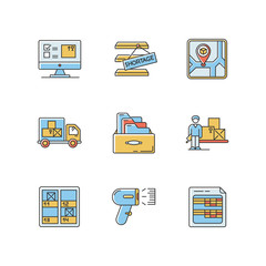 Sticker - Inventory control and bookkeeping RGB color icons set. Accounting spreadsheets and card system. Storage place, goods shortage and receipt. Isolated vector illustrations