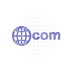 Poster - one of main domains, globe and com. Hand drawn sketched picture with scribble fill. Blue ink. Doodle on white background