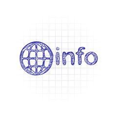 Poster - domain for information resources, globe and info. Hand drawn sketched picture with scribble fill. Blue ink. Doodle on white background