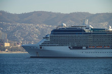 Modern Celebrity Cruises Luxury Cruiseship Or Cruise Ship Liner Celebrity Eclipse In Bay Of San Antonio Or Valparaiso In Chile During South American Cruising In Summer On Blue Sea With Twilight	