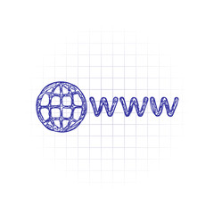 Poster - symbol of internet with globe and www. Hand drawn sketched picture with scribble fill. Blue ink. Doodle on white background