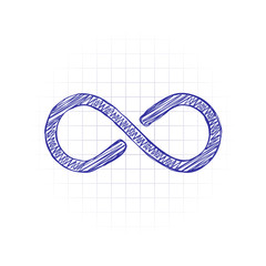 Poster - infinity symbol, simple icon. Hand drawn sketched picture with scribble fill. Blue ink. Doodle on white background