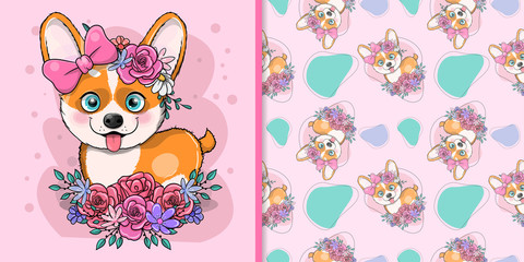 Wall Mural - cute cartoon dog corgi with flowers