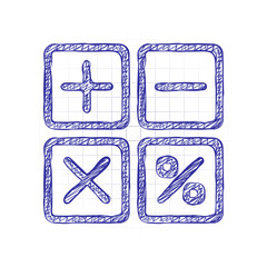 Poster - simple icon of calculator. hand drawn sketched picture with scribble fill. blue ink. doodle on white