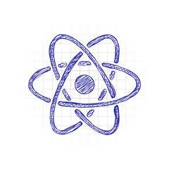 Poster - scientific atom symbol, simple icon. Hand drawn sketched picture with scribble fill. Blue ink. Doodle on white background
