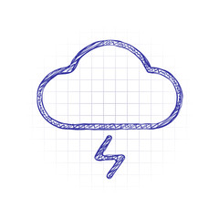 Poster - cloud and lightning. simple outline icon. linear symbol with thin outline. Hand drawn sketched picture with scribble fill. Blue ink. Doodle on white background