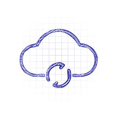 Poster - outline update simple cloud icon. linear symbol with thin outline. Hand drawn sketched picture with scribble fill. Blue ink. Doodle on white background