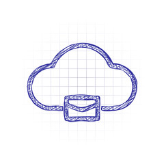Poster - cloud mail, simple linear icon with thin outline. Hand drawn sketched picture with scribble fill. Blue ink. Doodle on white background