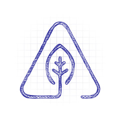 Poster - eco leaf in warning triangle. problem with ecology. linear symbol with thin outline. one line style. Hand drawn sketched picture with scribble fill. Blue ink. Doodle on white background