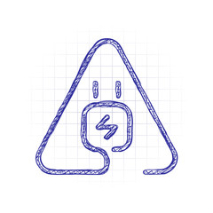 Poster - Electric power plug in warning triangle. Simple linear icon with thin outline. One line style. Hand drawn sketched picture with scribble fill. Blue ink. Doodle on white background