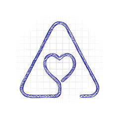 Aufkleber - Heart in warning triangle. Linear icon with thin outline. One line style. Hand drawn sketched picture with scribble fill. Blue ink. Doodle on white background