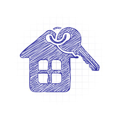 Aufkleber - House with key. Hand drawn sketched picture with scribble fill. Blue ink. Doodle on white background