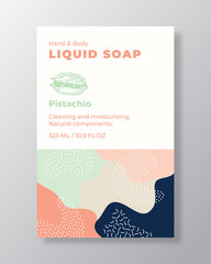 Wall Mural - Liquid Soap Package Label Template. Abstract Shapes Camo Background Vector Cover. Cosmetics Packaging Design. Modern Typography and Hand Drawn Pistachio Nut Sketch.