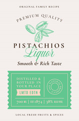 Wall Mural - Family Recipe Pistachio Nuts Liquor Acohol Label. Abstract Vector Packaging Design Layout. Modern Typography Banner with Hand Drawn Pistachios with Leaf Silhouette Logo and Background.