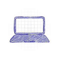 Poster - Laptop or notebook computer icon. Hand drawn sketched picture with scribble fill. Blue ink. Doodle on white background
