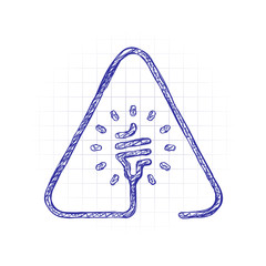 Poster - Led lamp in warning triangle. Linear icon with thin outline. One line style. Hand drawn sketched picture with scribble fill. Blue ink. Doodle on white background