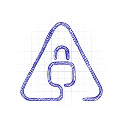 Poster - Lock in warning triangle. Linear icon with thin outline. One line style. Hand drawn sketched picture with scribble fill. Blue ink. Doodle on white background