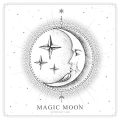 modern magic witchcraft card with astrology moon sign with human face. realistic hand drawing illust