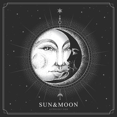 Modern magic witchcraft card with astrology sun and moon sign with human face. Day and nignt. Realistic hand drawing illustration of sun and moon with human face