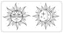 Modern Magic Witchcraft Card With Astrology Sun And Moon Sign With Human Face. Day And Nignt. Realistic Hand Drawing Illustration Of Sun And Moon With Human Face