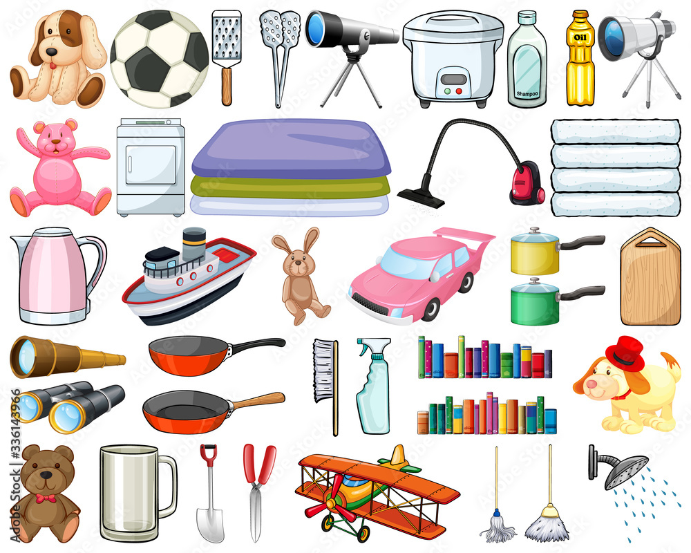 Large set of household items on white background Stock Vector | Adobe Stock, image size:1000x800