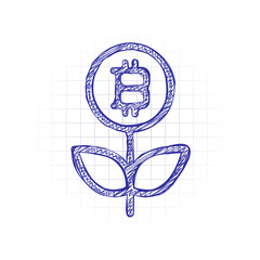Aufkleber - Money flower with bitcoin. Money tree. Linear icon with thin outline. Hand drawn sketched picture with scribble fill. Blue ink. Doodle on white background