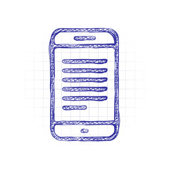 Poster - Mobile phone with text on screen. Simple linear icon with thin outline. Hand drawn sketched picture with scribble fill. Blue ink. Doodle on white background