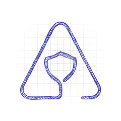 Poster - Shield in warning triangle. Problem with protect. Linear icon with thin outline. One line style. Hand drawn sketched picture with scribble fill. Blue ink. Doodle on white background
