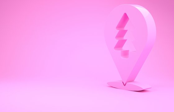 Pink Location of the forest on a map icon isolated on pink background. Minimalism concept. 3d illustration 3D render