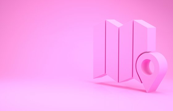Pink Location of the forest on a map icon isolated on pink background. Minimalism concept. 3d illustration 3D render
