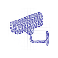 Aufkleber - Security camera. Technology icon. Hand drawn sketched picture with scribble fill. Blue ink. Doodle on white background