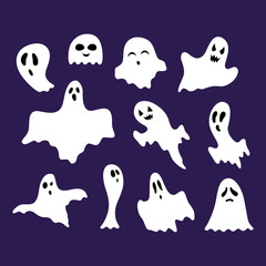 Sticker - Cartoon White Ghosts Signs Icon Set. Vector