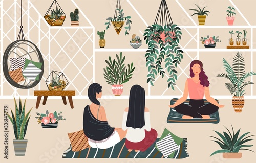 Fotomural People relax yoga and meditation in greenhouse hygge home, women siiting in scandinavian style room with green plants relaxing flat vector illustration