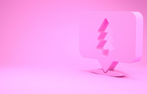Pink Location of the forest on a map icon isolated on pink background. Minimalism concept. 3d illustration 3D render