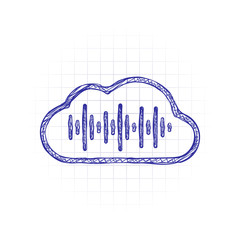 Poster - Simple icon with cloud and sound equalizer wave. Thin outline. Hand drawn sketched picture with scribble fill. Blue ink. Doodle on white background